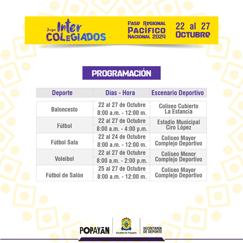 Popayán será sede de los Juegos Intercolegiales Pacífico 2024