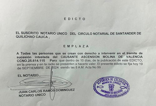 EL SUSCRITO NOTARIO ÚNICO DE QUILICHAO EMPLAZA