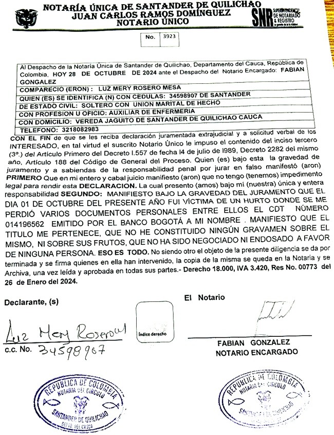 Atención a este aviso por pérdida de CDT - Luz Mery Rosero