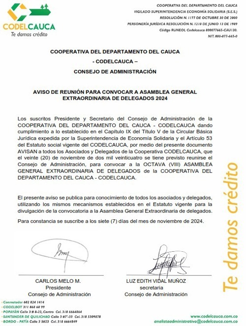 Convocatoria a Asamblea General Extraordinaria de Delegados – Pc
