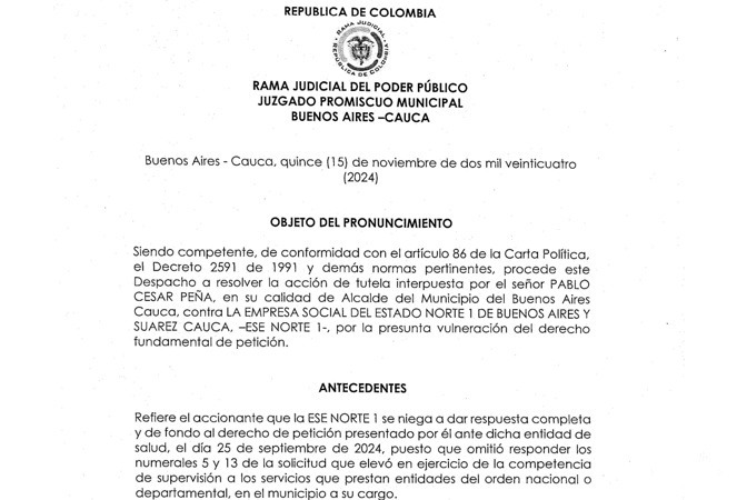 Juez de la República expone incumplimiento de la gerente de la ESE Norte 1