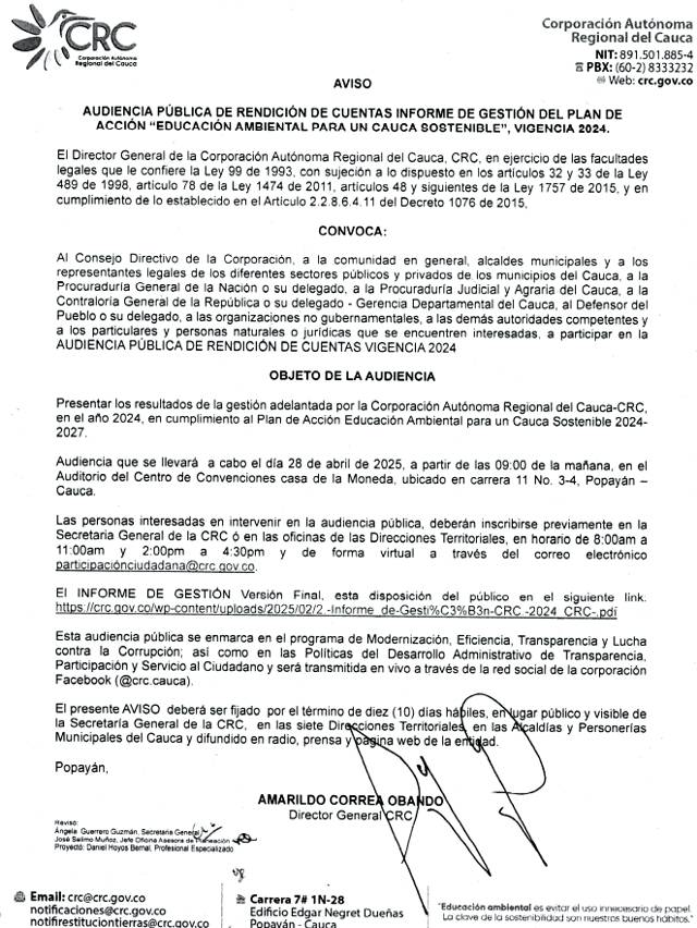 La CRC rinde cuentas a la comunidad caucana este 28 de abril
