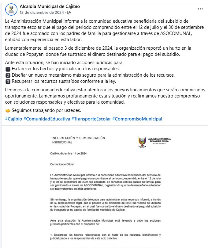 Se robaron $160 millones del transporte escolar en Cajibío