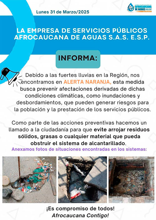 Alerta Naranja. Piden no arrojar residuos al alcantarillado