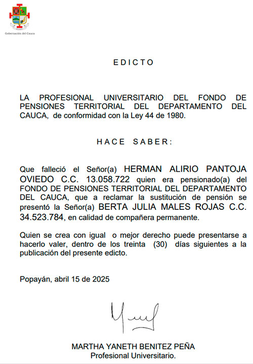 Edicto por trabajador fallecido - Herman Alirio Pantoja - Fondo de Pensiones Territorial del Cauca