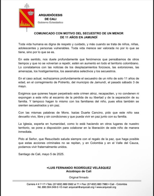 La Iglesia católica ha emitido una contundente declaración ante el secuestro de un niño de 11 años en el corregimiento de Potrerito, municipio de Jamundí, ocurrido el pasado sábado 3 de mayo.
