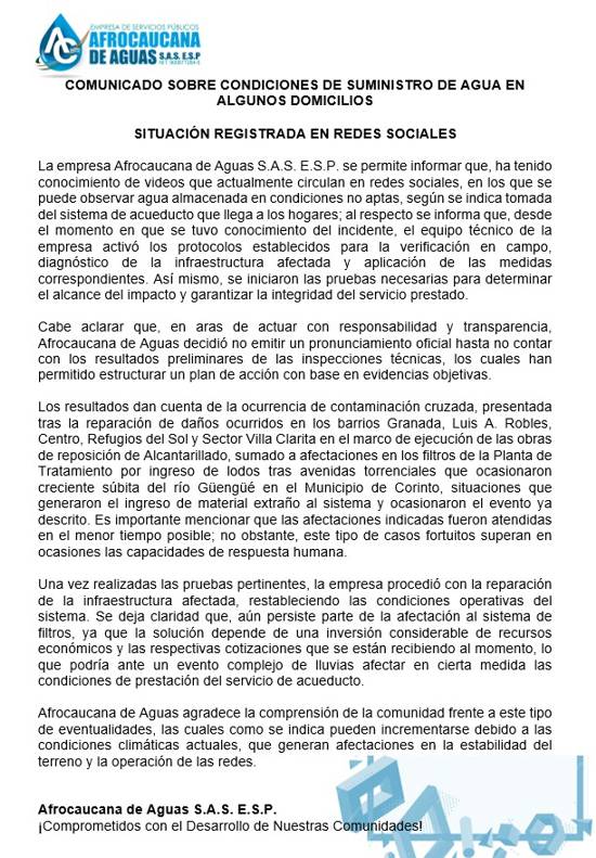 Afrocaucana de Aguas responde a denuncias ciudadanas