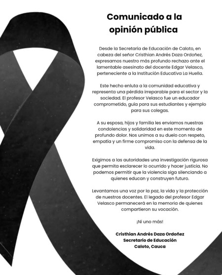 Asesinato de docente en Caloto conmociona a la comunidad Asesinato de docente en Caloto conmociona a la comunidad