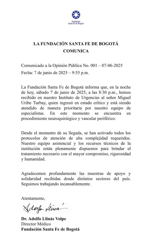 Comunicado de la Fundación Santa Fe de Bogotá sobre estado de salud de Miguel Uribe Comunicado de la Fundación Santa Fe de Bogotá sobre estado de salud de Miguel Uribe