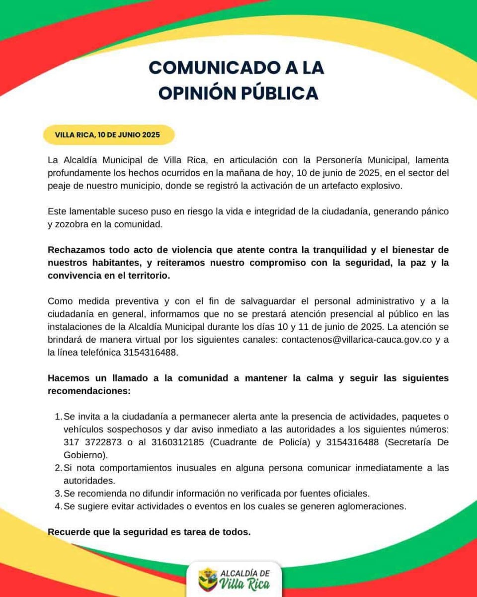 Comunicado oficial sobre hechos ocurridos en el peaje de Villa Rica