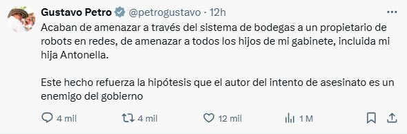 Petro denuncia amenazas contra su hija y ministros Petro denuncia amenazas contra su hija y ministros