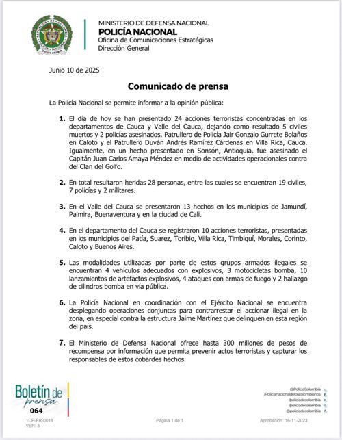 Policía confirma 24 ataques armados en Cauca y Valle Policía confirma 24 ataques armados en Cauca y Valle