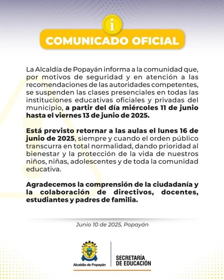 Se suspenden las clases en Popayán por alteración del orden público en Cauca