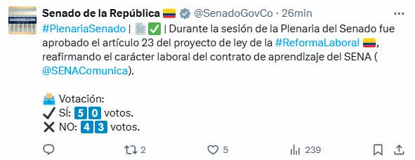 Senado aprueba contrato laboral para aprendices del Sena