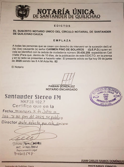 Atención al siguiente Edicto de sucesión: Santander de Quilichao