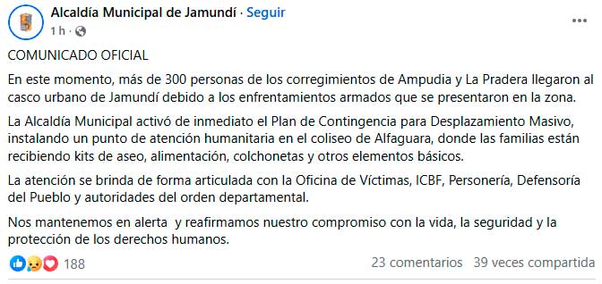 Desplazamiento masivo por combates en zona rural de Jamundí Desplazamiento masivo por combates en zona rural de Jamundí