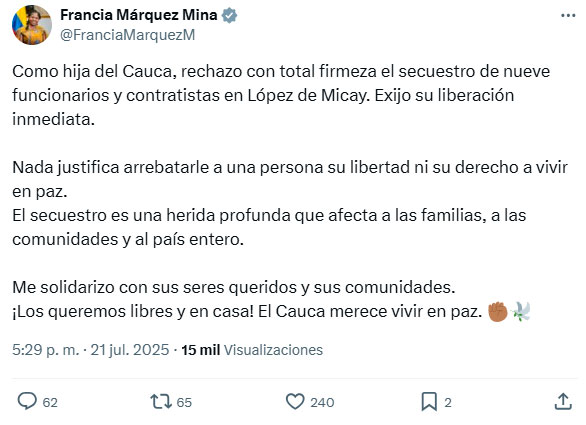 Francia Márquez exige libertad para contratistas secuestrados Francia Márquez exige libertad para contratistas secuestrados