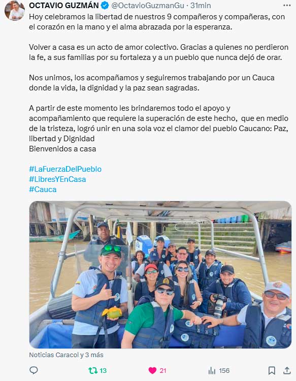 Gobernador del Cauca habló tras liberación de secuestrados Gobernador del Cauca habló tras liberación de secuestrados