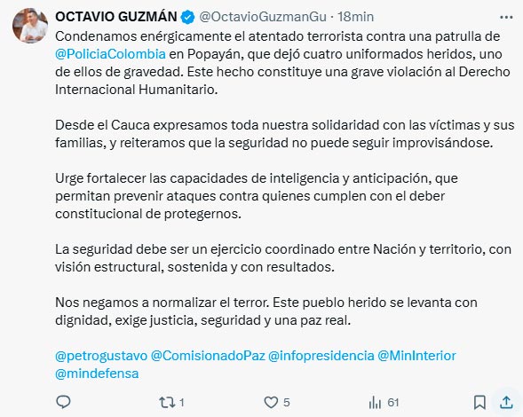 Gobernador del Cauca rechaza atentado contra patrulla policial en Popayán Gobernador del Cauca rechaza atentado contra patrulla policial en Popayán