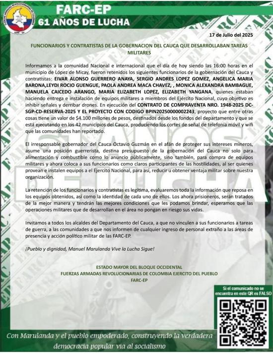 Nueve funcionarios del Cauca fueron secuestrados en misión social