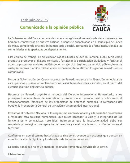 Nueve funcionarios del Cauca fueron secuestrados en misión social