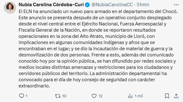 Paro armado del ELN tras operación militar en Chocó