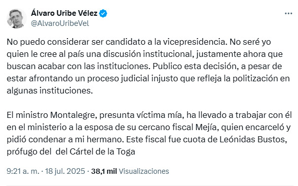 Uribe descarta ser fórmula vicepresidencial