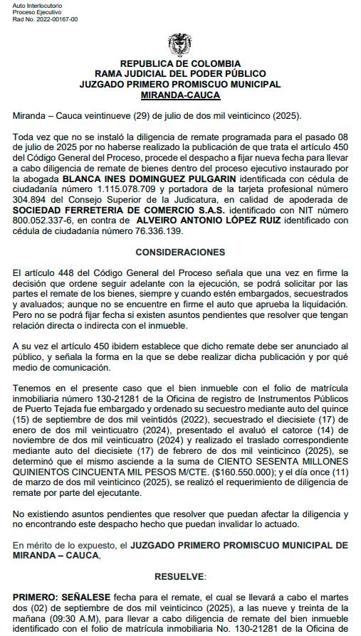 Atención al siguiente Edicto de Remate: Miranda-Cauca