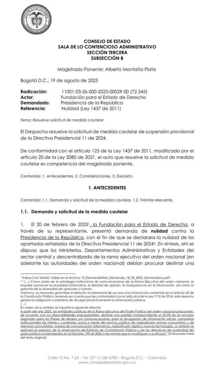 Consejo de Estado suspende directiva sobre pauta oficial