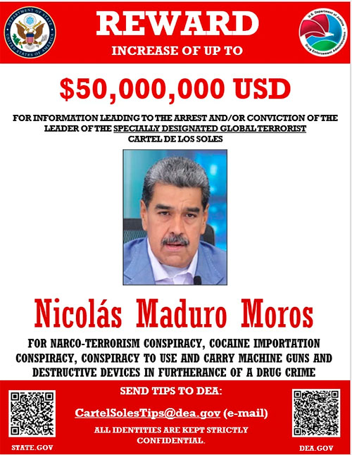 EE.UU. sube recompensa por captura de Nicolás Maduro