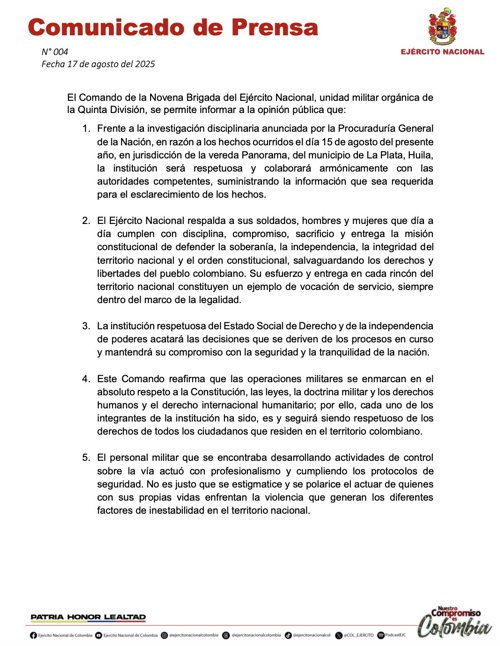 Ejército defiende actuación tras incidente con Aida Quilcué - Comunicado