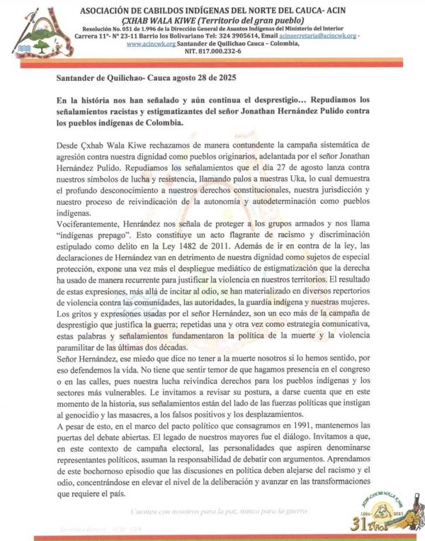 Indígenas del Cauca rechazan declaraciones de Jota Pe Hernández