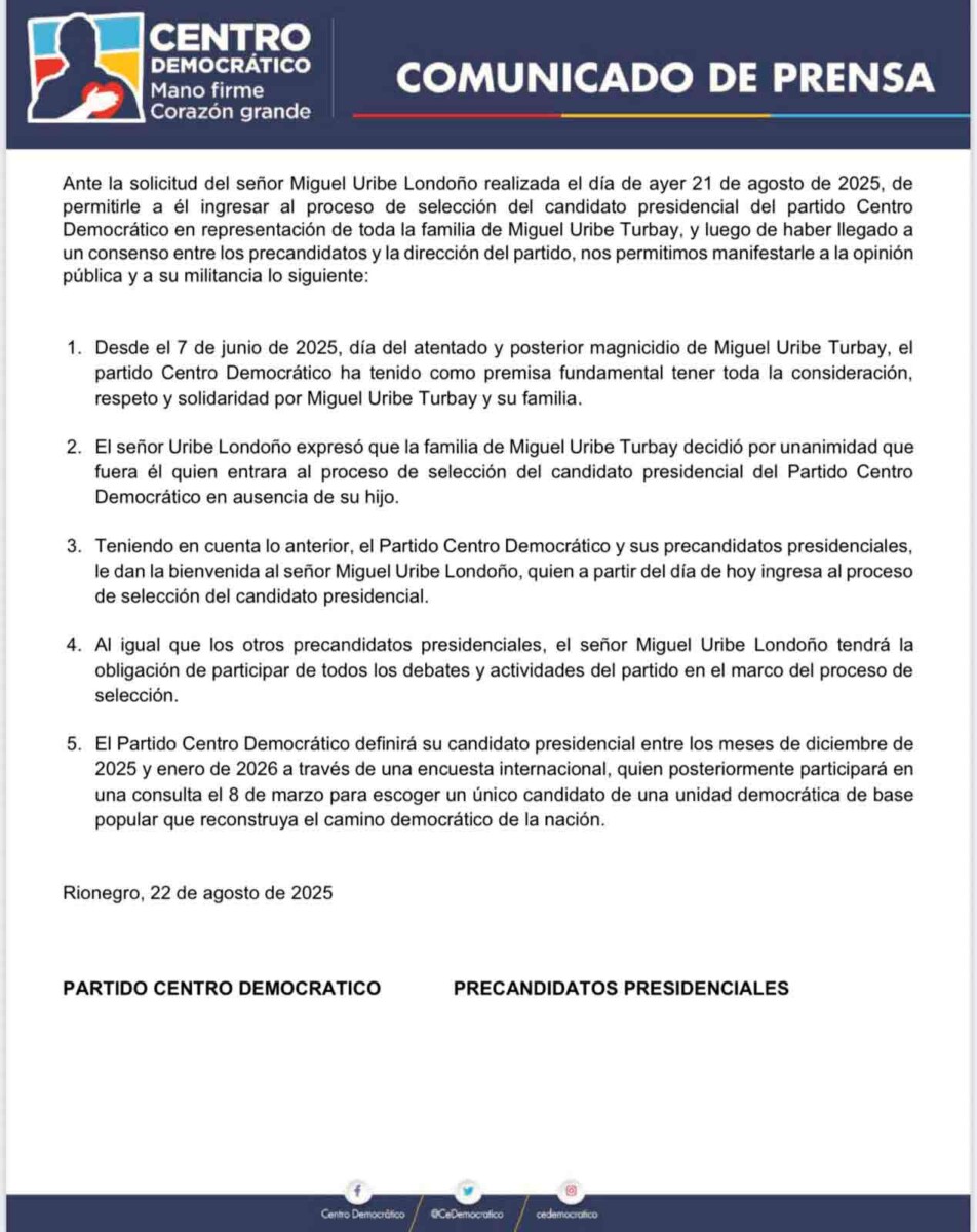 Miguel Uribe Londoño será precandidato presidencial del Centro Democrático Miguel Uribe Londoño será precandidato presidencial del Centro Democrático