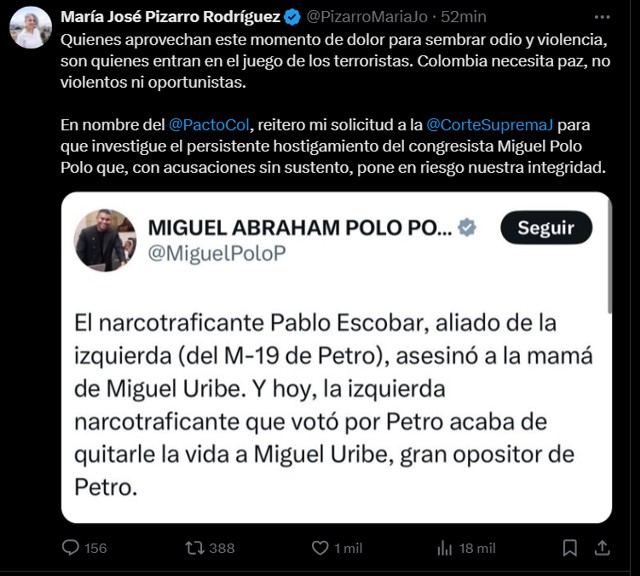 Polo Polo y Pizarro se enfrentan tras muerte de Uribe