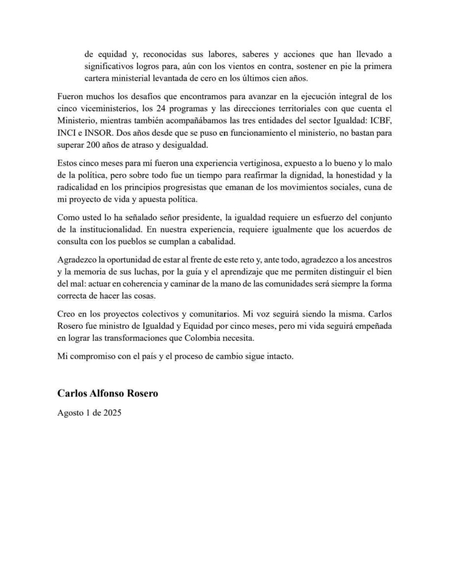 Renunció Carlos Rosero al Ministerio de Igualdad Renunció Carlos Rosero al Ministerio de Igualdad