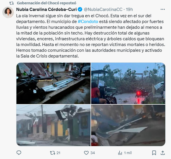 Vendaval deja miles de damnificados en Condoto Chocó