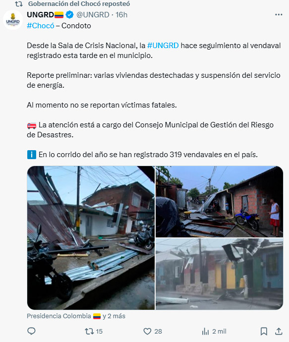 Vendaval deja miles de damnificados en Condoto Chocó
