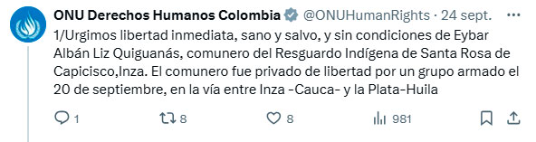 Comunero indígena secuestrado mantiene en vilo al Cauca Comunero indígena secuestrado mantiene en vilo al Cauca