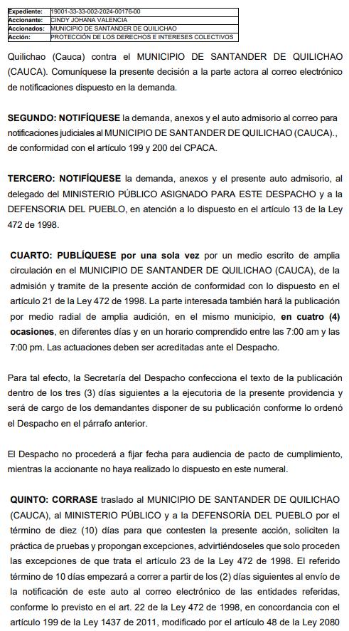 Edicto - Cindy Johana Valencia vs Santander de Quilichao