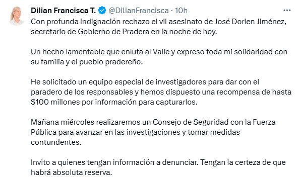 Gobernadora ofrece $100 millones por asesinos de secretario de Pradera Gobernadora ofrece $100 millones por asesinos de secretario de Pradera