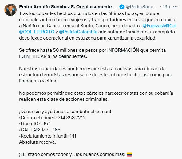 Gobierno ofrece $50 millones por responsables de reten en Cauca Gobierno ofrece $50 millones por responsables de reten en Cauca