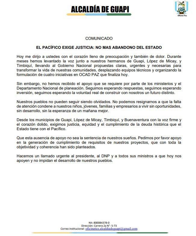 OCAD Paz cierra sin respuestas a Guapi
