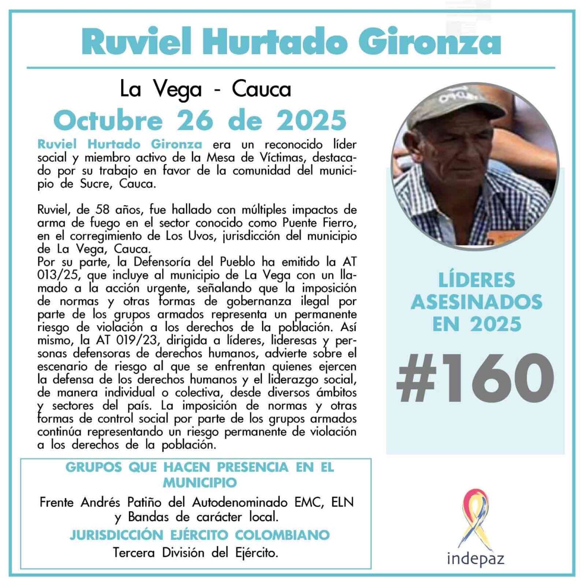 Asesinan al líder social Ruviel Hurtado en el sur del Cauca Asesinan al líder social Ruviel Hurtado en el sur del Cauca
