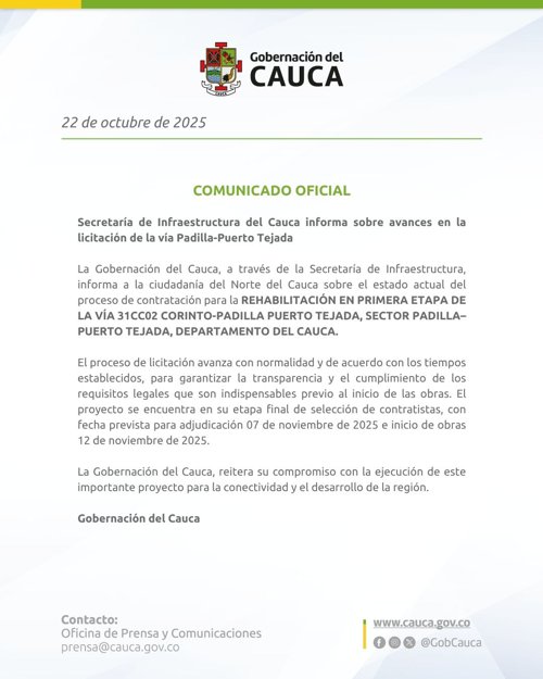 Avanza proceso de licitación para pavimentar vía Padilla–Puerto Tejada - Comunicado Gobernación del Cauca