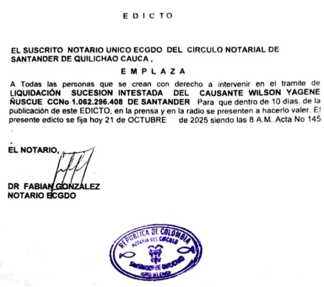 Edicto - Liquidación sucesión intestada del causante Wilson Yagene Ñuscue Edicto - Liquidación sucesión intestada del causante Wilson Yagene Ñuscue