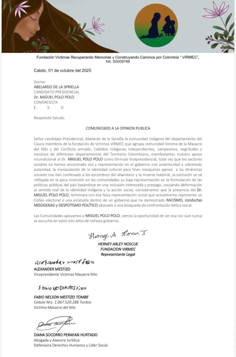 Indígenas del Cauca piden a De la Espriella fórmula con Polo Polo