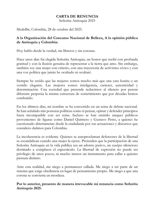 Laura Gallego renuncia como Señorita Antioquia tras polémicos videos Laura Gallego renuncia como Señorita Antioquia tras polémicos videos
