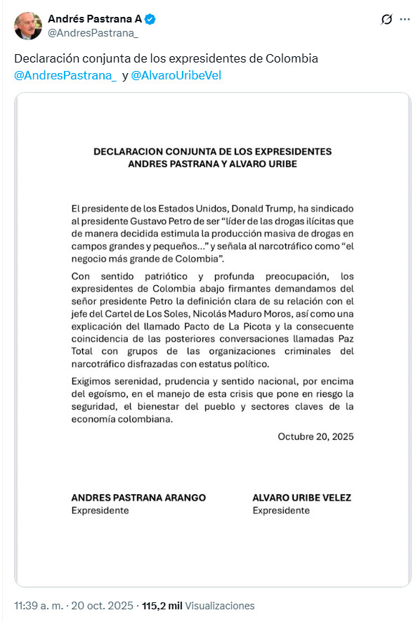 Petro responde a carta conjunta de Uribe y Pastrana por declaraciones de Donald Trump