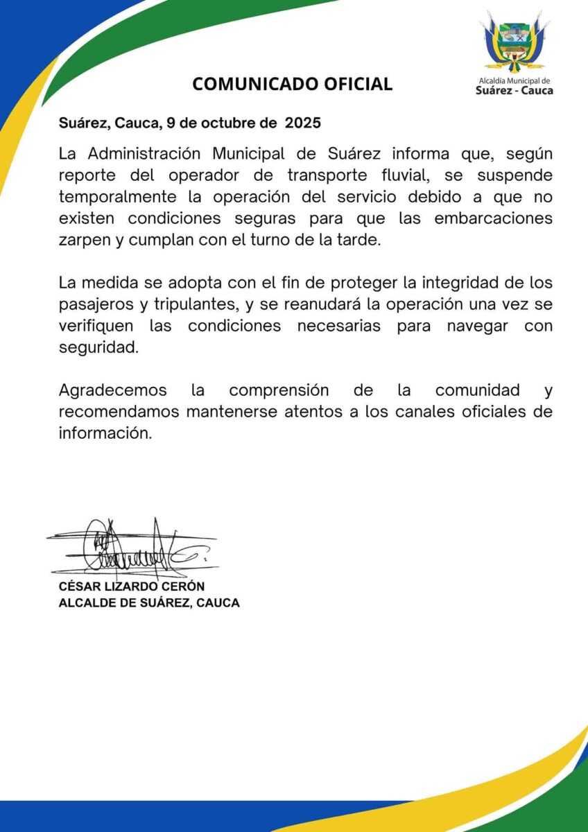 Suspenden transporte fluvial en Suárez por seguridad