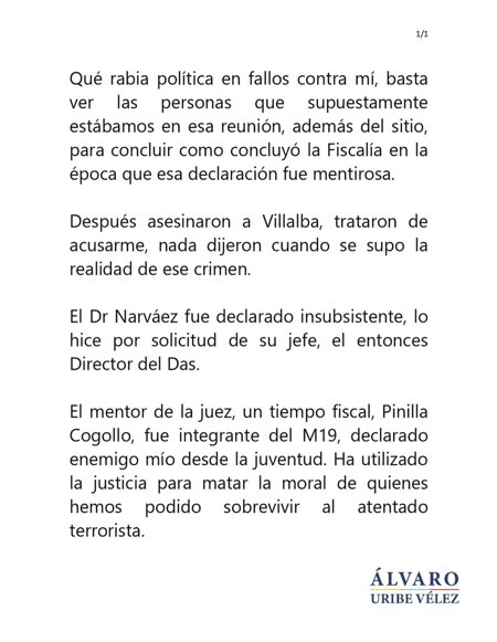 Uribe denuncia persecución política y cuestiona decisiones judiciales Uribe denuncia persecución política y cuestiona decisiones judiciales